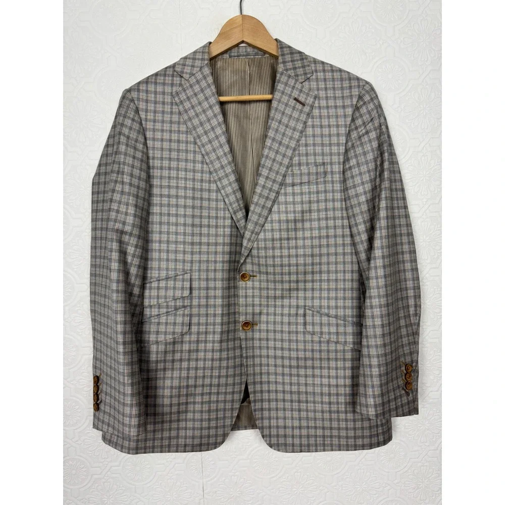 Custom REDA Super 130's Wool Plaid Sport Coat Gray Blue Windowpane Suit 42 Short